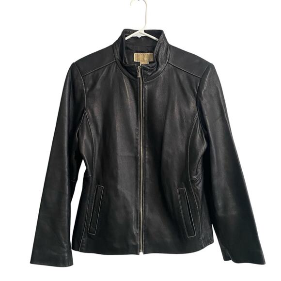 Michael Kors Full Zip Short 100% Leather Black Moto Jacket Women’s Size Large - Picture 1 of 11